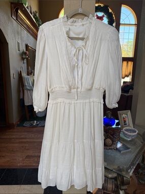 Free People Cream Tiered Tie-Neck Midi Dress